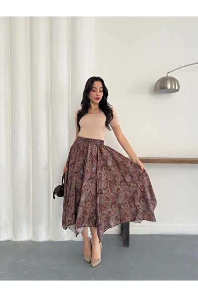 NERA GİYİM Women's Asymmetrical Cut Ethnic Patterned Skirt - Brown