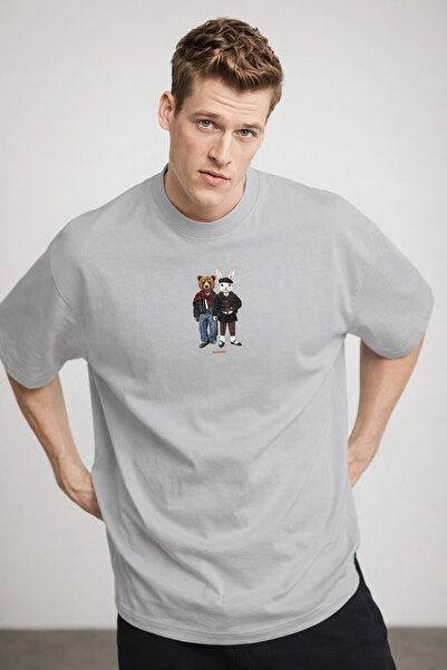 COMBİNE MİCHAİL Men's Bear & Rabbit Printed Loose Gray T-Shirt