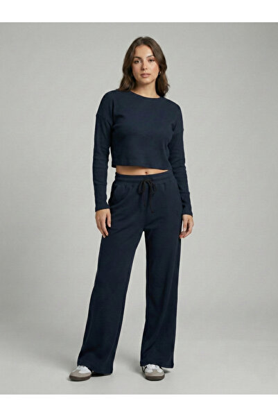 NEW JOURNAL Women's Navy Blue Corded Top and Bottom Two-Piece Set Nj106