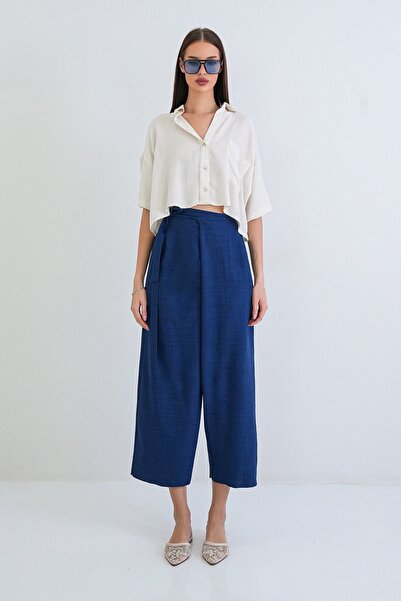 Trend Alaçatı Stili Women's Navy Blue Linen Double-Breasted Tie-Waist High Wa...