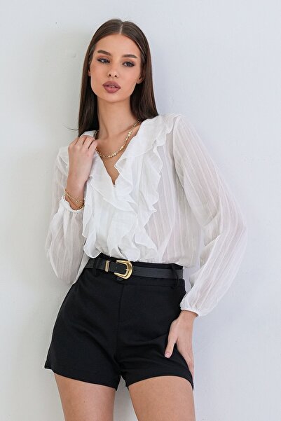 Trend Alaçatı Stili Women's white v-neck ruffle detail waffle knit blouse alc...