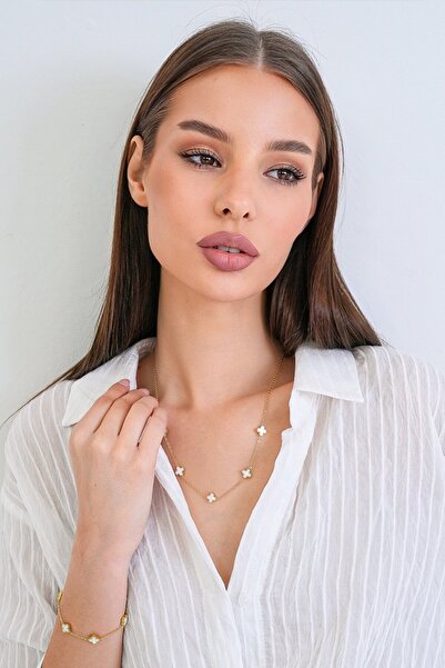 Trend Alaçatı Stili Women's Gold Steel Stone Mini Clover Necklace Alc-X15349