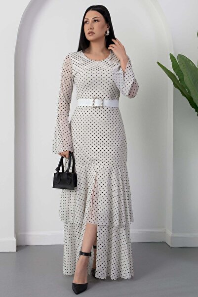 PULLIMM Crew Neck Skirt Flounce Sleeves Polka Dot Tulle Dress 2026-4524