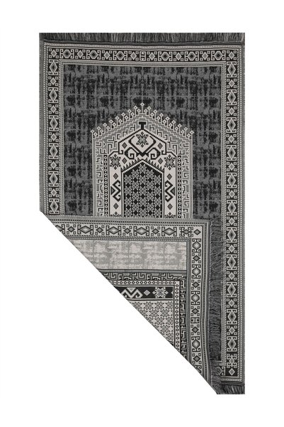 Myevilla My Evilla Seccade Lightweight Foldable Washable Prayer Mat with Stylish Motifs, Dowry Box and Gift, Gray-Black