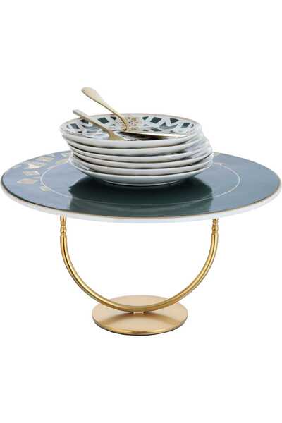 Generic Al Saif Gallery porcelain cake serving set, green with gold-white pat...