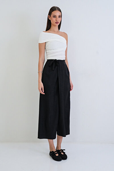 Trend Alaçatı Stili Women's Black Linen Double-Breasted Tie-Waist High-Waist ...