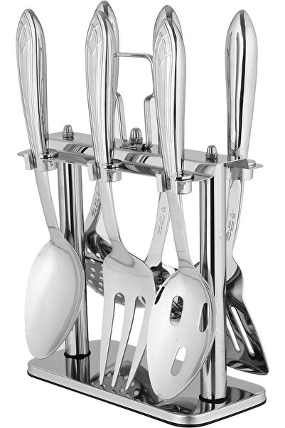 Generic Al Saif Gallery Steel Cooking Spoon Set with Stand, 7 Pieces - Silver