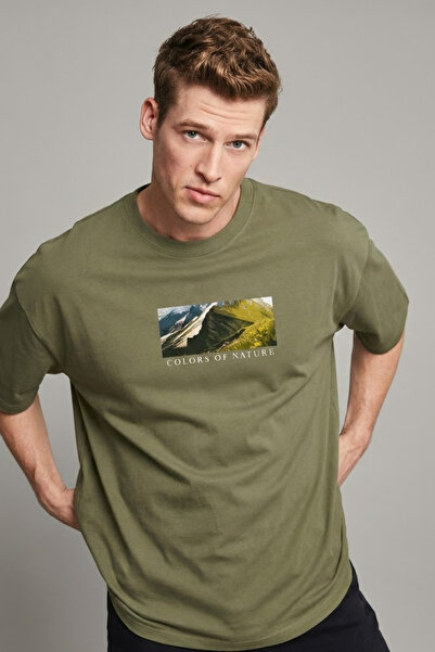 COMBİNE MİCHAİL Men's Landscape Printed Oversize Khaki T-Shirt