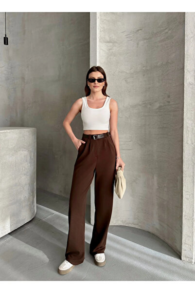 Modayıldızlar Mr Women's Brown Lycra Belted Wide Leg High Waist Trousers (New...