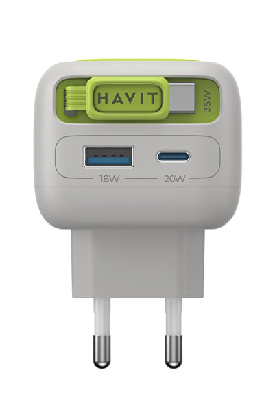 Havit UC251 35W GaN PD Hızlı Şarj Adaptörü - Geri Sarılan USB-C Kablolu, USB-A/USB-C