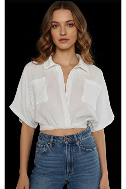 estewoman Shirt Collar Muslin Crop