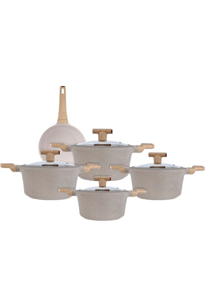 Generic طقم أواني طهي من التيتانيوم والجرانيت من نيوكلاين، 9 قطع - بيج
