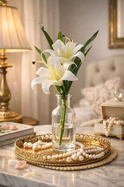 BUSERİSE Yapay Gerçek Dokulu Beyaz Lilyum – 3 Çiçekli Dekoratif Çiçek, Ev Sal...