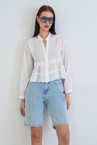 Trend Alaçatı Stili Cămașă crop albă de damă, cu guler Hakim și detalii din d...