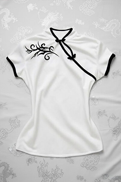 Köstebek White Chinese Collar Floral Motif White Striped Vintage Y2K Short Sl...