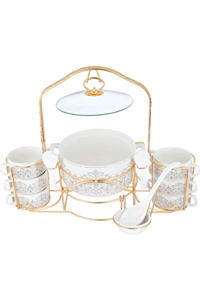 Generic Al Saif Gallery porcelain soup set, with golden stand, 18 pieces - white