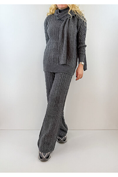 Modaonna Gray Scarf Sweater Pants Knitwear Set