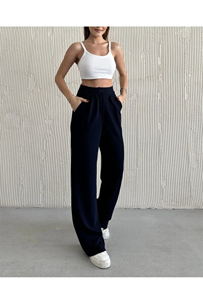 Modayıldızlar Mr Women's Lycra Black High Waist Pleated Palazzo Crepe Trouser...