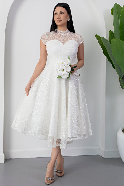 PULLIMM Φόρεμα με λαιμόκοψη ποδηλάτου, παγιέτες και δαντέλα BAL169