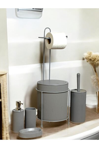 FeyzaDesign 6 Parça Banyo Seti, Metal Standlı Çöp Kovası, WC Kağıtlık ve Tuva...