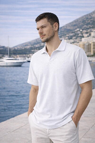 Valiberta Waffle Fabric Polo Collar Relaxed Fit Buttonless Men's T-Shirt - Ecru