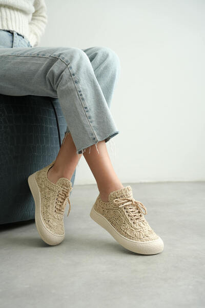 BellaPiede Kadın Bej Örgü Detaylı Günlük Sneaker Rahat ve Hafif Spor Ayakkabı...
