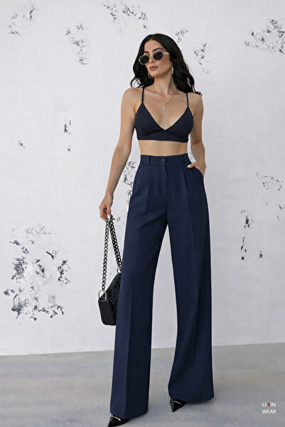 Modayıldızlar Mr Women's Navy Blue Palazzo Pleated High Waist Imported Fabric...