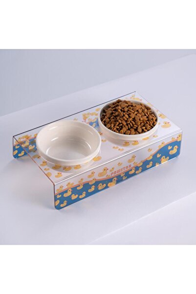 Pawstar Ducks Ördek Desenli-İkili Seramik-Pleksi Mama ve Su Kabı-Kedi Köpek M...