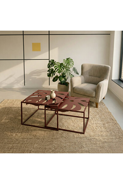 modilab Monstera Yaprak Formlu 2’li Metal Orta Sehpa – Modern Zigon Sehpa Seti