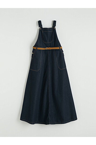 LC Waikiki Ermus Global dan İndigo Kare Yaka Beli Kemerli Jean Salopet Elbise