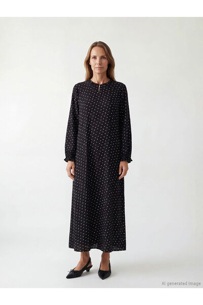 LC Waikiki LCW Grace Μαύρο Φόρεμα με Βολάν και Ψηλό Γιακά σε Γραμμή Α με Πέτρες