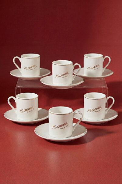 GÖNÜL Porselen 6’lı Kahve Fincan Takımı (Atatürk İmzalı) – Tabaklı, Gold Yald...