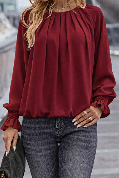 Deafox Burgundy Round Neck Pleated Lantern Sleeve Crepe Fabric Blouse