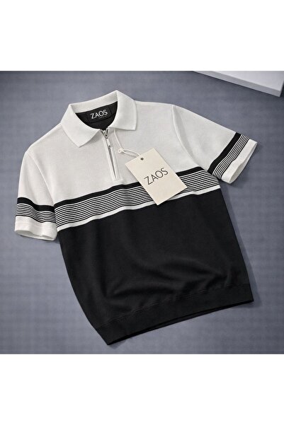 zs zaos fashion Ανδρικό ριγέ μπλουζάκι με φερμουάρ από πολυεστέρα, ελαστικό, ...