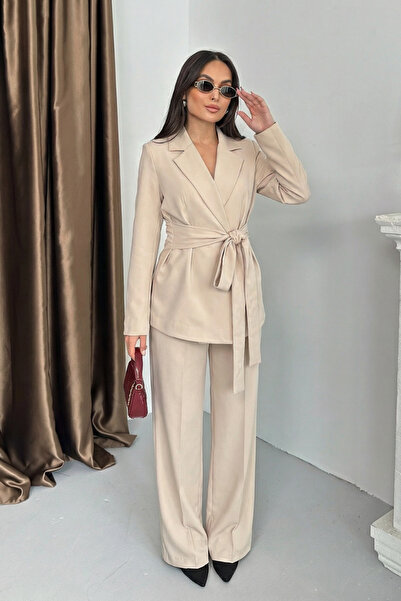 spirituel Women's Jacket Pants Set Waist Tie Detailed Blazer Jacket Wide Leg ...