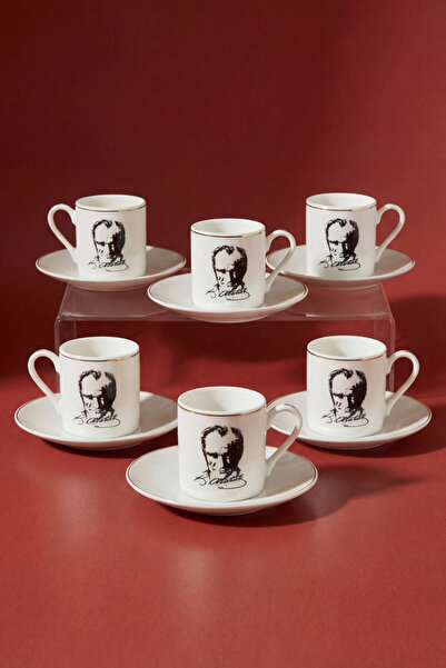 GÖNÜL Porselen 6’lı Kahve Fincan Takımı (Atatürk Portreli) – Tabaklı, Gold Ya...