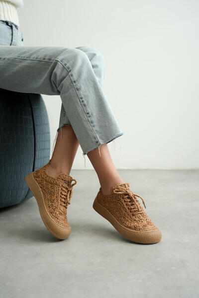 BellaPiede Kadın Taba Örgü Detaylı Günlük Sneaker Rahat ve Hafif Spor Ayakkab...