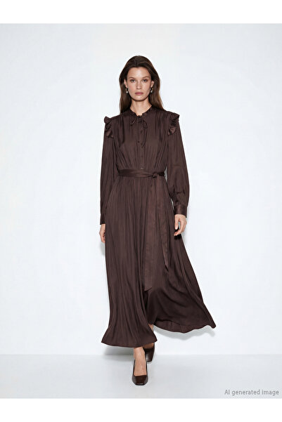 LC Waikiki Lcw Modest Brown Ruffle Tie-Detail Collar Satin Dress