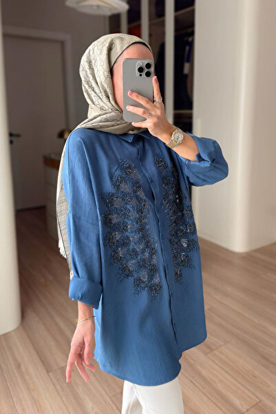 Ka Hijab Cămașă brodată cu mărgele roz - Indigo