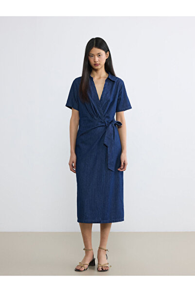 LC Waikiki Lcw Vision Indigo Shirt Collar Belted Jean Dress
