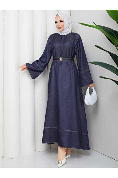 RACE FASHİON Belt Detailed Denim Jeans Hijab Dress Rc6036