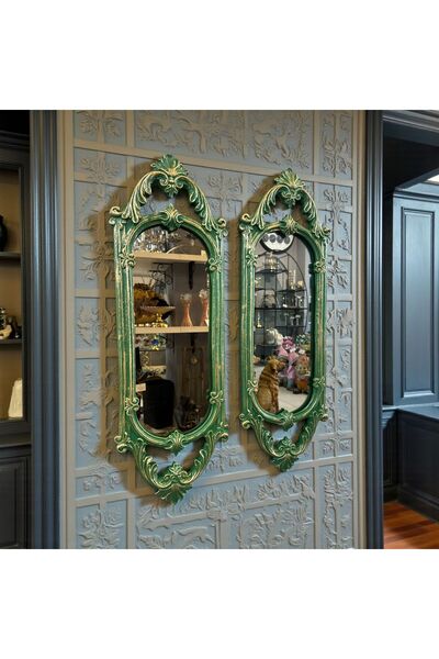 Peramari Dekoratif Polyester Ikili Niş Dikdörtgen Ayna Takımı Yeşil Gold Eskitme