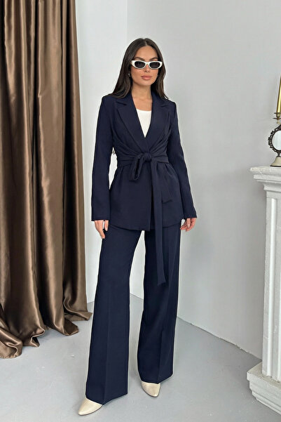 spirituel Women's Jacket Pants Set Waist Tie Detailed Blazer Jacket Wide Leg ...