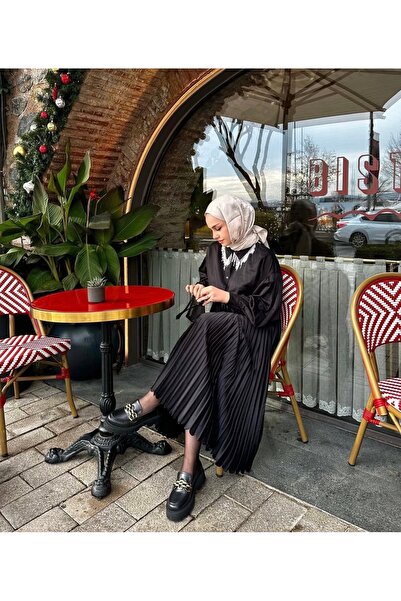 AuraWear Siyah Saten Pliseli Maxi Boy Tesettür Kadın Etek