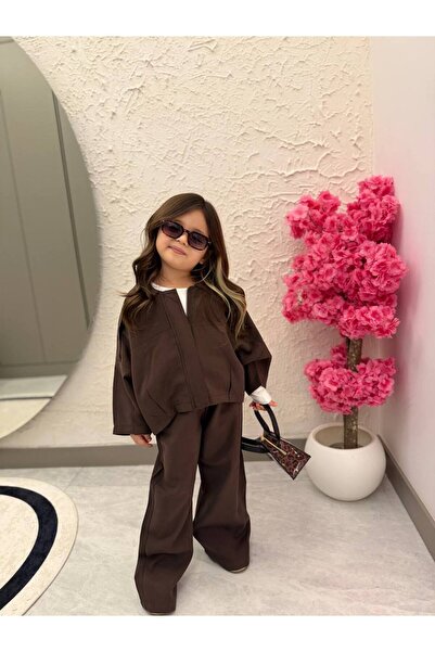 Butik Kız Çocuk Kahverengi Bol Ceketli Bol Paça Pantolon Takım - 2'li