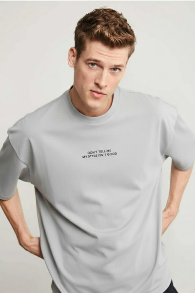 COMBİNE MİCHAİL Men's Text Printed Short Sleeve M.Gray T-Shirt