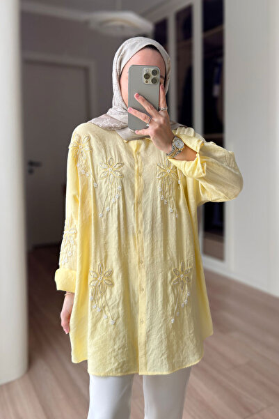 Ka Hijab Cămașă Stella cu broderie de mărgele - Galben