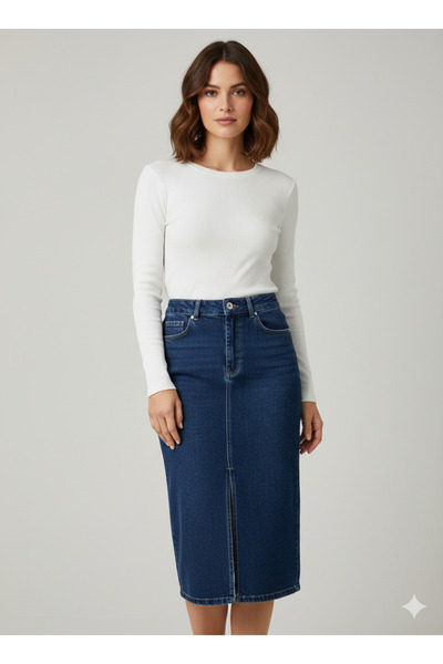 Ekol Önü Yırtmaçlı Midi Kot Etek 3042