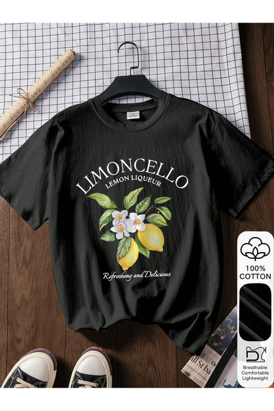 CONSTRAİN تي شيرت نسائي أسود كبير الحجم مطبوع عليه ليمونشيلو، تي شيرت صيفي بر...