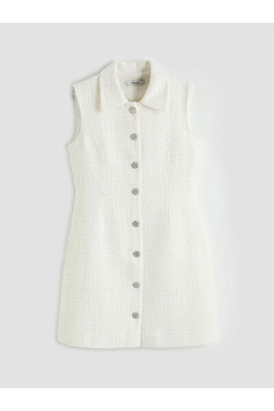 LC Waikiki Ecru Tüvit Mini rochie tip cămașă